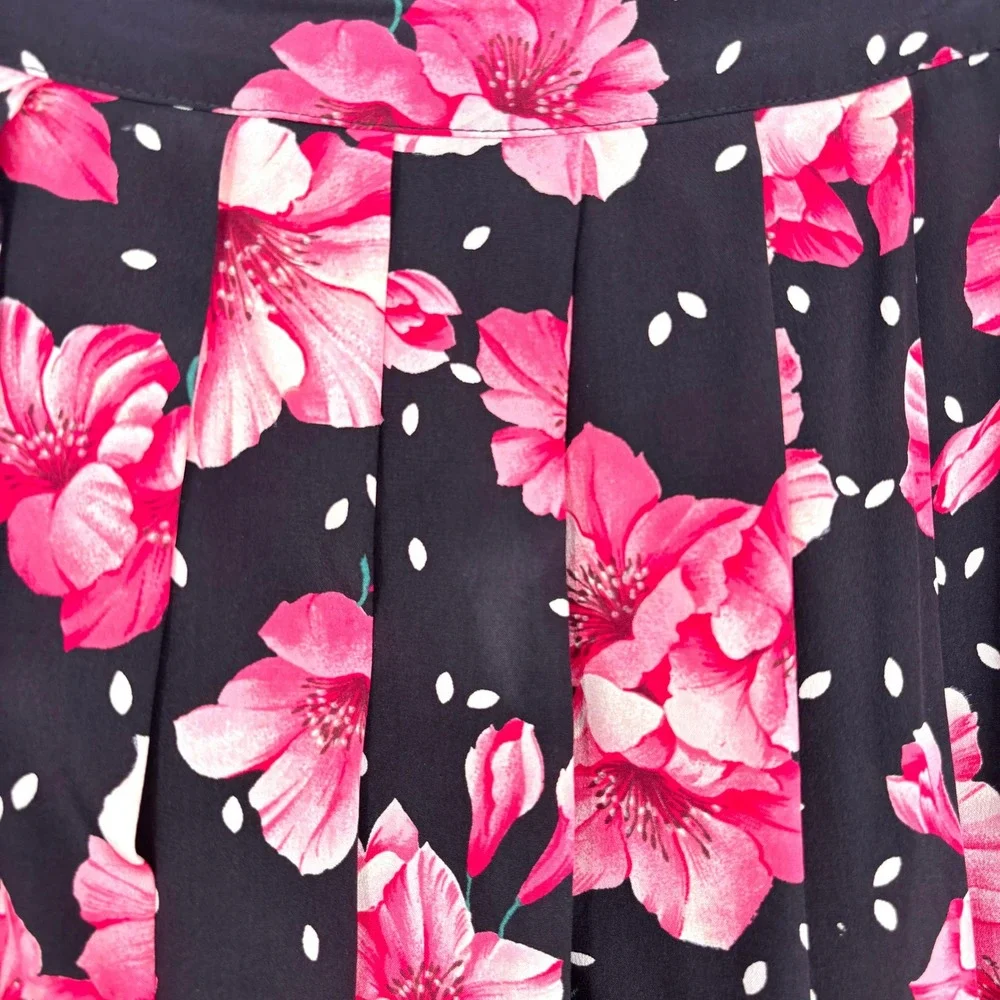 Vintage MaxMara‎ Silk Floral Polka Dot Pleated Skirt Made in Italy Pink Black 8